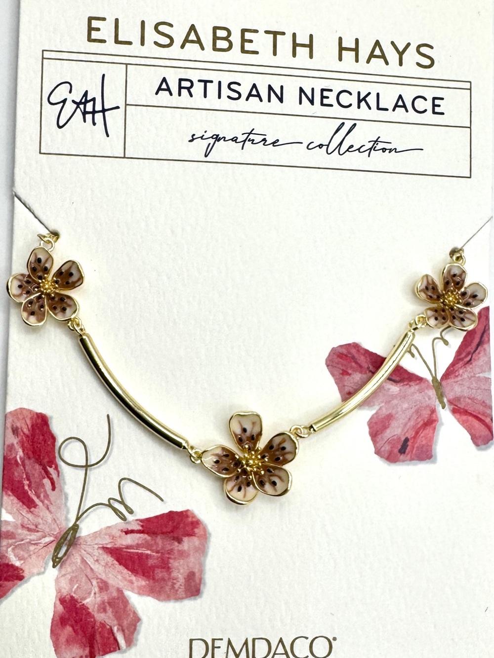 NWT Elisabeth Hays DEMDACO 14K Gold Dipped Mocha Enamel Pretty Flower Necklace